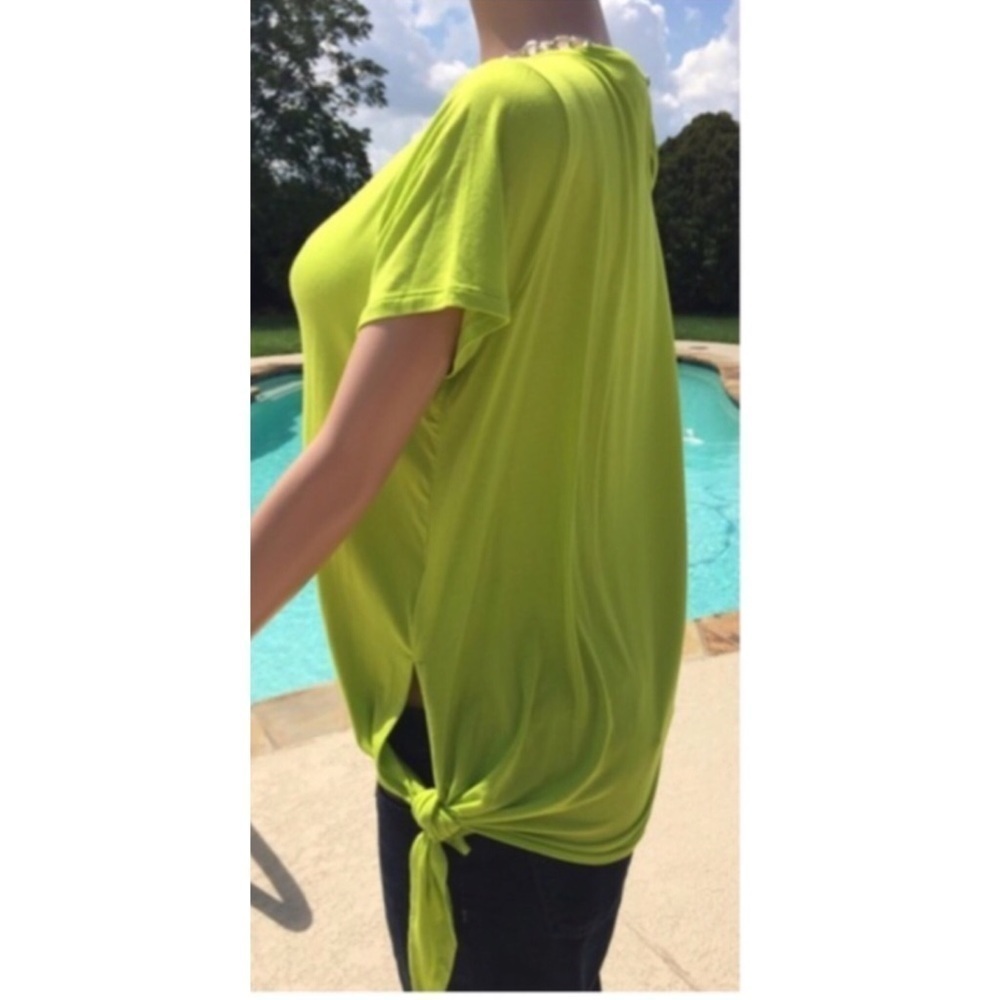 Michael Kors Chartreuse Tie Side Top Size Large Keyhole Back Short Sleeve Blouse - Picture 8 of 9